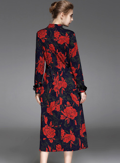 Elegant Flower Print High Waist A-line Dress