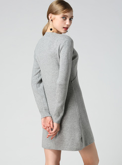 Grey Loose Asymmetric Pocket Split Knitted Dress