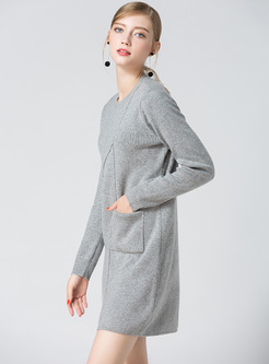 Grey Loose Asymmetric Pocket Split Knitted Dress