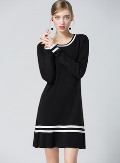 Brief Monochrome Color-blocked Knitted Dress