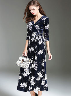 Blue Velvet Floral Print V-neck Maxi Dress