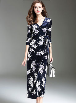 Blue Velvet Floral Print V-neck Maxi Dress