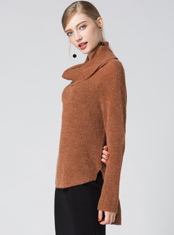 Stylish High Neck Asymmetric Hem Sweater
