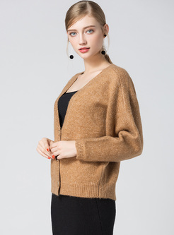 Loose Brown Bat Sleeve Zip-up Sweater