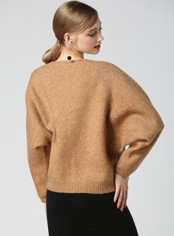 Loose Brown Bat Sleeve Zip-up Sweater