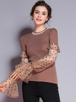Elegant Dot Print Mesh Sleeve Sweater