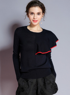 Black Falbala Asymmetric Loose Sweater