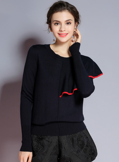 Black Falbala Asymmetric Loose Sweater