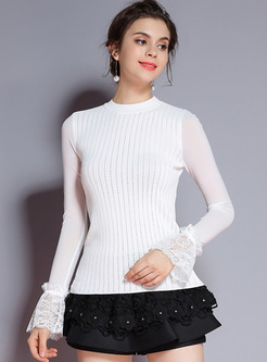 White Lace Flare Sleeve Slim Sweater