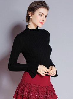Black Flare Sleeve Falbala Collar Slim Sweater