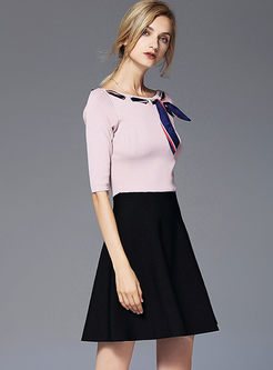 Brief Bowknot Stitching Half Sleeve Knitted Dress