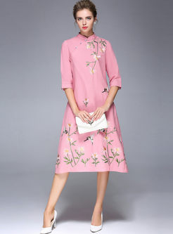 Ethnic Embroidered Loose Stand Collar Shift Dress