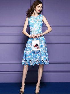Blue Floral Print Lace Splicing Skater Dress