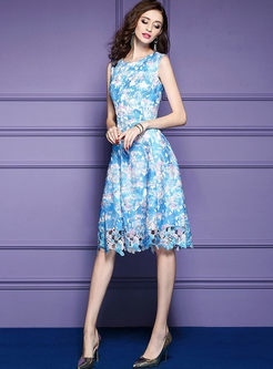 Blue Floral Print Lace Splicing Skater Dress