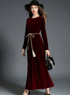 Elegant Belted Long Sleeve Maxi Dress