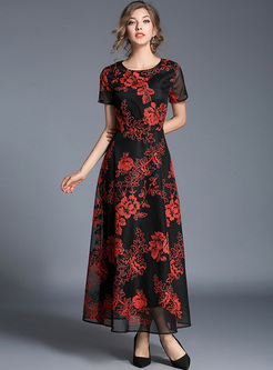 Elegant Flower Embroidery Waist Maxi Dress