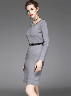 Grey Brief Belted Long Sleeve Knitted Dress