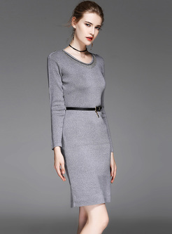 Grey Brief Belted Long Sleeve Knitted Dress