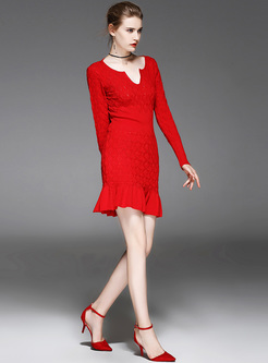 Red Asymmetric Neck Mermaid Knitted Dress
