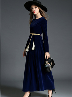 Blue Elegant Belted Long Sleeve Maxi Dress