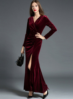 Dresses | Maxi Dresses | Red Sexy V-neck Waist Split Maxi Dress