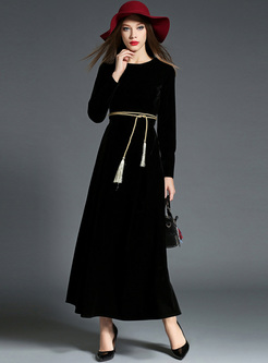 Brief Black Belted Long Sleeve Maxi Dress