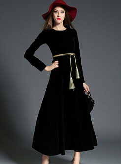 Brief Black Belted Long Sleeve Maxi Dress
