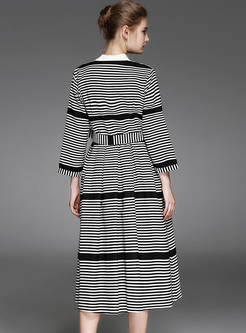 Chic Monochrome Striped Belted Trench Coat