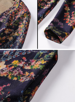 Vintage V-neck Floral Print Trench Coat