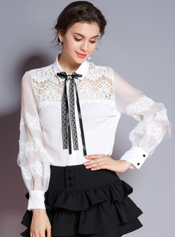White Stand Collar Flare Sleeve Blouse