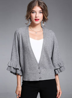 Pure Color Flare Sleeve Knitted Sweater