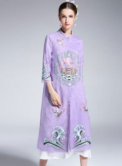 Vintage Silk Embroidered Stand Collar Shift Dress