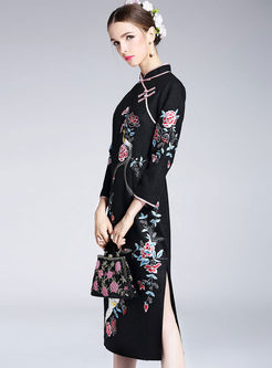 Ethnic Improved Cheongsam Embroidered Bodycon Dress