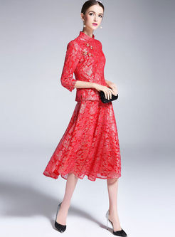 Ethnic Lace Embroidered Stand Collar Two-piece Outfits