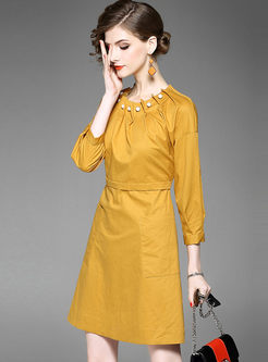 Chic Pure Color Three Quarters Sleeve Skater Dress