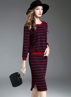Striped Long Sleeve Knitted Two-piece Outfits