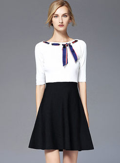 Brief Bowknot Stitching Half Sleeve Knitted Dress
