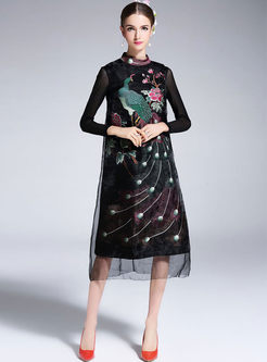Vintage Mesh Embroidered Sleeveless Silk Shift Dress