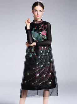 Vintage Mesh Embroidered Sleeveless Silk Shift Dress