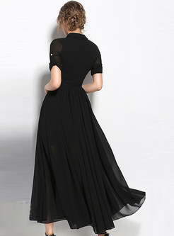 Black Turn Down Collar Belted Big Hem Long Dress 