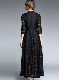 Brief Black Lace Stand Collar Three Quarters Sleeve Maxi Dress 
