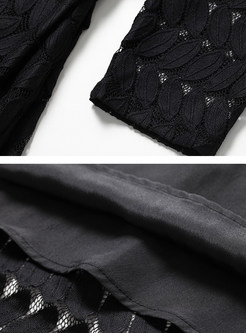 Brief Black Lace Stand Collar Three Quarters Sleeve Maxi Dress 