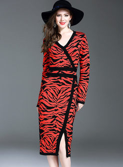 Leopard Print V-neck Long Sleeve Slit Knitted Dress