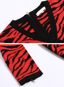 Leopard Print V-neck Long Sleeve Slit Knitted Dress