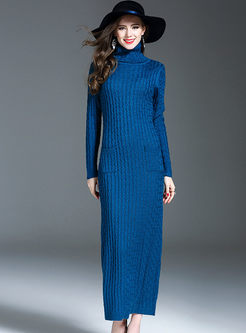 Causal Pure Color Wool Long Sleeve Knitted Dress