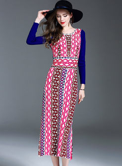 Geometric Pattern Jacquard Long Sleeve Knitted Dress