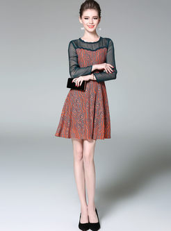 See Through Lace Stitching Long Sleeve Skater Dress