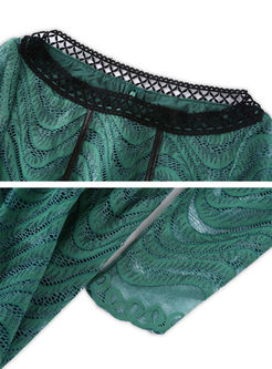 Green Gathered Waist Lace Splicing Skater Dress