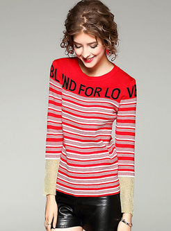 Letter Pattern Striped Long Sleeve Knitted Sweater