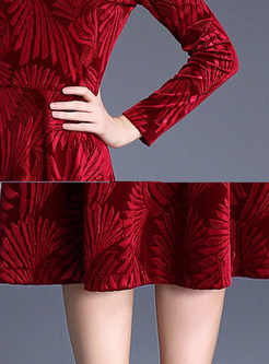 Stylish Long Sleeve Print Velvet Skater Dress 